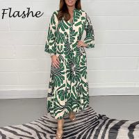 jkk V Neck 3/4 Sleeve Print Fashion Loose Beach Dresses Robe