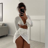 Fashion 2 piece Outfits Bandage Tie Front Top and Skirt Sets Women 2022 New Fall Matching Set Split Skirt Club Party Clothes