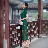 2023ฤดูร้อนย้อนยุคสไตล์จีนที่ดีขึ้นพิมพ์สีเขียว Cheongsam สาวที่สง่างามแฟชั่นค่ำพรรคชุด Qipao สำหรับผู้หญิง