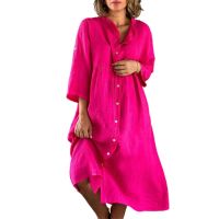 Summer Single-breasted Cardigan Dress Women Cotton Linen Solid Color Seven-quarter Sleeve Dressy Ladies Commuter Casual Gown 5XL