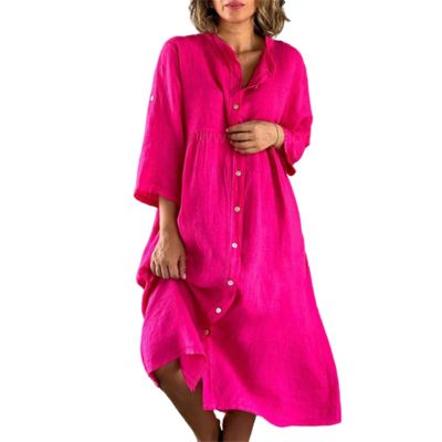 Summer Single-breasted Cardigan Dress Women Cotton Linen Solid Color Seven-quarter Sleeve Dressy Ladies Commuter Casual Gown 5XL