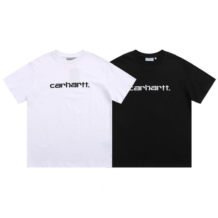 carhartt-เสื้อยืดปักลายเสื้อฮู้ดแขนสั้นสำหรับผู้ชายและผู้หญิงเสื้อแขนสั้นคอกลมคนรักหลวมสีอ่อนโลโก้ยอดนิยม