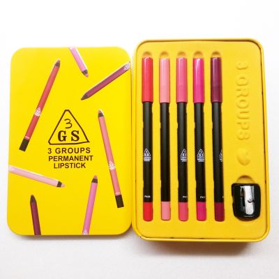 3GS ลิปดินสอ นุ่ม เขียนง่าย เนื้อแมท กล่องเหล็ก จากเกาหลี สีสวยติดทนนาน เครื่องสำอางค์ ผู้หญิง 3GS 3 Groups Permanent Lipstick 5 สี มาพร้อมกบเหลา ส่งฟรี