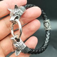 dropshipping 1pcs rune bead Wolf Head leather Bracelet Stainless Steel viking Bracelet bangle for Men jewelry