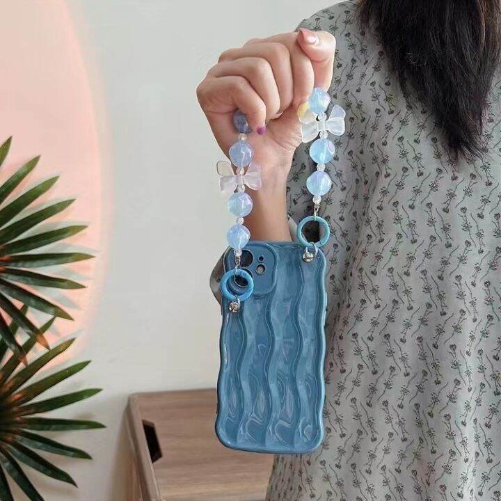 ins-สเตอริโอ-blue-wave-case-สำหรับ-iphone14promax-blue-bowknot-candy-bracelet-case-สำหรับ-iphone13-silver-bevel-span-chain-case-สำหรับ-iphone12promax-blue-silicone-case-สำหรับ-iphone11