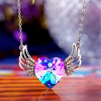 ✻ Fashion Creative Angel Wings Jewelry Necklace Ladies Gorgeous Heart Crystal Wedding Engagement Pendant Anniversary Birthday Gift