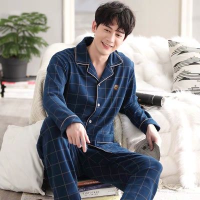 MUJI High quality pajamas mens summer day pure cotton long-sleeved thin section mens spring and autumn style teenagers large size middle-aged peoples home clothes set