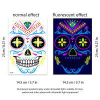 Fantic สติ๊กเกอร์รอยสักใบหน้าเรืองแสงฮาโลวีนเทศกาลผีกะโหลกศีรษะแต่งตัววันแห่งความตายรูปลอกแต่งหน้างานปาร์ตี้กันน้ำ