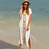 --D0512 Hot style cotton embroidered beach blouse open fork set of head dress holiday dress bikini smock