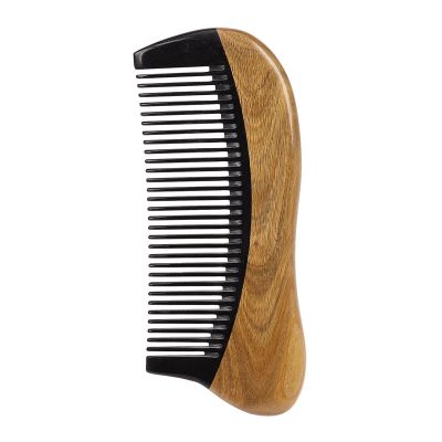 10X Natural Green Sandalwood Hair Comb - No Static Wooden Fine Tooth Black Buffalo Horn Comb (Green Sandalwood)