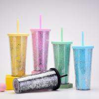 【YP】 new 24OZ double-layer plastic cup mens and womens sequins glitter creative water with straw