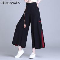 Chinese Style Womens Pants 2021 New Summer Chiffon Hippie Ethnic Loose Black Embroidery Wide Leg Pants Kimonos Trousers