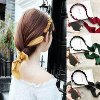 แฟชั่นยาวริบบิ้นจีบ Headbands Solid Tie หางม้า Bow Pearl Hairbands สำหรับหญิงสาว Bezel ผม Hoops อุปกรณ์เสริมผม