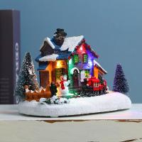 Resin Desktop Christmas Ornament Village Figurines LED Lights Small Train Christmas Village House Luminous Landscape Figurines