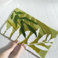 Inyahome Green Bath Rugs Green Leaf Cute Plant Bathroom Rugs Mat Aesthetic Bath Rug Kids Girls Pets Mats Carpet Doormat 바닥 깔개