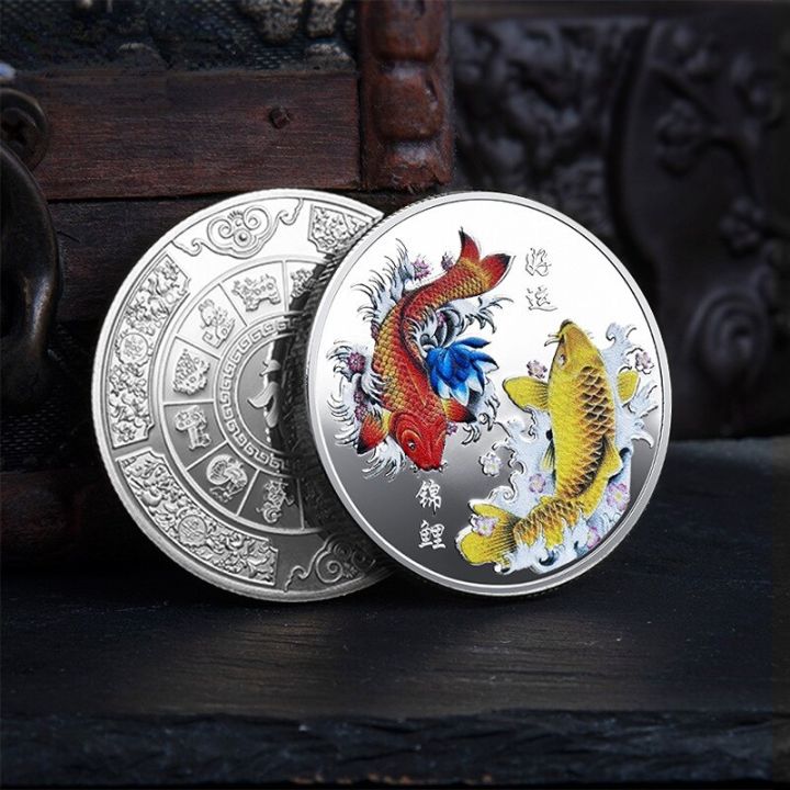 เหรียญสะสมปลา-koi-เหรียญสะสมของจีนมาสคอตนำโชคเงินนำโชคดีของที่ระลึกที่ระลึกเหรียญทอง