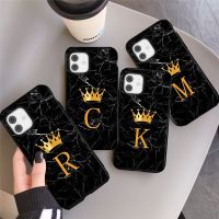 Crown Letter A To Z Phone Case For Iphone 13 Pro Max 11 12 Mini X XR XS Max 12 Pro 8 7 Plus SE 2020 Marble Pattern Black Cover