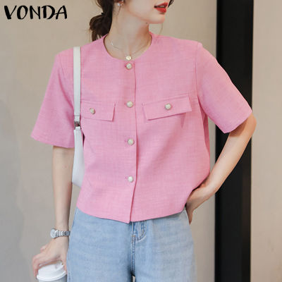 (จัดส่งฟรี)เสื้อเบลเซอร์คอกลมแขนสั้นสำหรับผู้หญิง Fancystyle VONDA โอแอลที่ทำงานกระดุมแถวเดียวชุดออกกำลังกายแบบทึบ