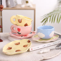 Cute Hand Painted Tulip Bear Cloud Coffee Cups and Saucers Handmade Irregular Ceramic Cup With Saucer Creative Latte Tea Cup Set