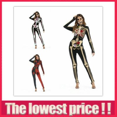 ✎✕❄ Halloween Women Skeleton Costume Sexy Cosplay Bodysuit Skull Jumpsuit Dress Up