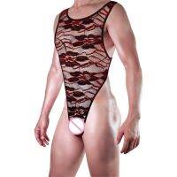 Mens Thong Bodysuit Stretchy High Cut Back Floral Lace Breathable Convex Pouch Slim Underwear Nightclub Onepiece Lingerie