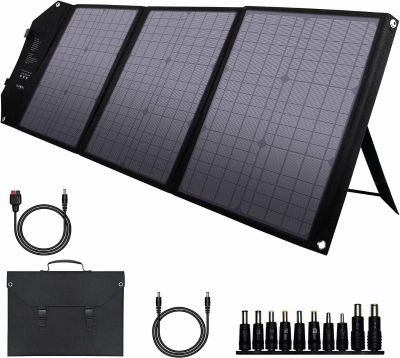 Powkey Foldable Solar Panel Charger 60W with 18V DC Output (11 Connectors) for 100W~350W Portable Power Stations Jackery/Rockpals/Flashfish/Enginstar, Portable Solar Generator for Outdoor Camping Van RV Trip