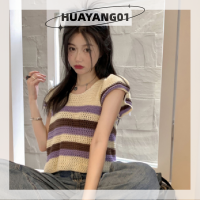 HUAYANG01 [2023 new HOT FASHION] lazlook เสื้อยืดคอกลมแขนสั้นสำหรับผู้หญิงเสื้อยืดถักลายทางลายฉลุฤดูร้อน