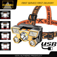 BAIMU 5LED ไฟหน้าในตัว 18650 แบตเตอรี่ที่มีประสิทธิภาพไฟหน้า 4 โหมดชาร์จ USB แบบพกพากลางแจ้งแคมป์ปิ้งไฟหน้าไฟฉายไฟฉายแคมป์ปิ้งไฟฉายพร้อม USB โคมไฟ Lampe สำหรับตั้งแคมป์วิ่งตกปลาขี่จักรยาน