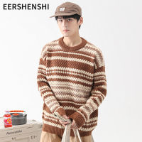 EERSHENSHI เสื้อสเวตเตอร์ผู้ชาย เสื้อสเวตเตอร์คู่รักทรงหลวมสไตล์ขี้เกียจหนาเสื้อกันหนาวลายทางเพิ่มบรรยากาศเสื้อยืดคอกลม