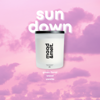 เทียนหอมกลิ่น Sun Down กลิ่นดอกไม้ วานิลลา วู้ดดี้ หอมหวานอบอุ่น | ไขถั่วเหลืองแท้ 200g/90g พร้อมฝาปิด | maad &amp; melt candle co.