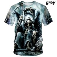 2023ผู้ชายแฟชั่น Skull 3D พิมพ์เสื้อยืดแขนสั้นคอกลม Fun Gothic Grim Reaper Top