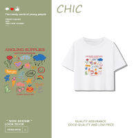 เสื้อสั้นหลวม CHIC เสื้อยืดแขนสั้นพิมพ์ลายน่ารักเรียบง่าย สไตล์สบาย ๆ T0368