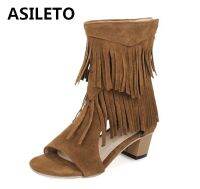 {Latin Fan} ASILETO ขนาดใหญ่32-46เปิดนิ้วเท้า Sepatu Boots Musim Panas รองเท้าส้นสูงผู้หญิงซิปพู่ข้อเท้าตะวันตกรองเท้าแตะบูท Nubuck Leather Ringe 1377