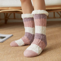 Fuzzy Slippers Socks Women Warm Plush Bedroom Silicone Non-slip Grip Soft Female Striped Floor Short Sock Christmas Home Indoor