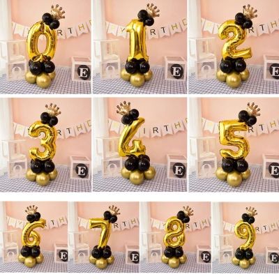 Chrome Gold Black 32inch Number Foil Column Balloons Happy Birthday Party Decorations Kids Boy Girl 1 2 3 4 5 6 7 8 9 Year Old Artificial Flowers  Pla