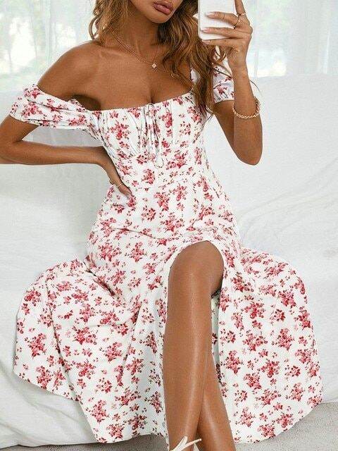 allover-floral-slit-thigh-tie-front-puff-sleeve-ruched-bust-dress-women-square-neck-high-waist-a-line-long-dress-robe