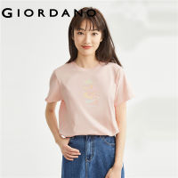 GIORDANO ผู้หญิง สั้นผ้าฝ้ายถักลายดอกไม้พิมพ์คอกลมแขนสั้นเสื้อยืด Free Shipping 05393393