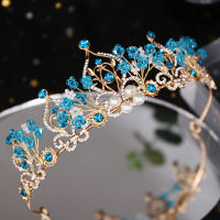 Flower Pearl Blue Crystal Tiara Trendy Princess Crown Bridal Diadem Wedding Crown Tiaras Hair Jewelry Wedding Hair Accessories
