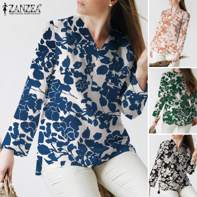 Esolo ZANZEA Womens Summer Long Sleeve V Neck Tops Vintage Floral Print Oversize Shirt T-Shirt Blouse #12
