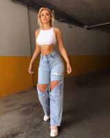 【CW】2022 New High Waist Ripped Jeans For Women Fashion Loose Denim Straight Leg Pants Street Hipster Trousers S-2XL Drop Shipping