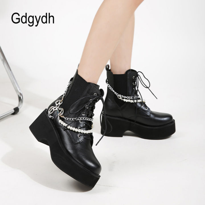 Gdgydh Women Chunky Boots Platform Heels Lace Up Fashion Pear