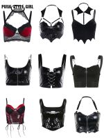 Gothic Sexy PU Leather Tops Night Club Bar Summer Strapless Club Crop Tops Hollow Latex PU Camis Backless Camis Punk Core Tee