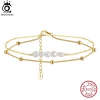 ORSA JEWELS 14K Gold 925 Sterling Silver Layered Cable Chain Pearl Anklets Summer Foot Bracelet Ankle Straps Jewelry SA50