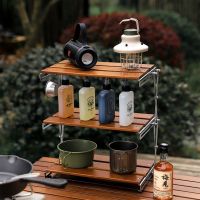 Outdoor camping three-tier storage rack solid wood foldable portable folding table multi-layer multi-functional Outdoor camping