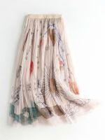 【CW】 XFPV 2022 New Fashion Waist A line Printed Mesh Pleated Mid length Skirt SM1970