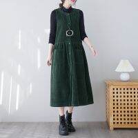 【YF】  3406 Autumn Winter Corduroy Dress Women Sleeveless Vintage Tank Top Dresses Loose Single Breasted A-line Midi Pockets