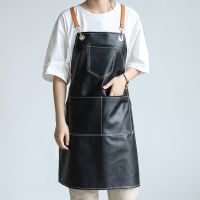 Solid PU Leather Waterproof For Women Men Apron Kitchen Accessories Cafe House Cleaning Bib Cooking Baking Pocket Chef Pinafore