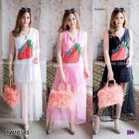 MM10343 Maxi Dress #สาวอวบ เดรสยาวแขนกุด ทรงเข้ารูปสกรีนลายสตอเบอรี่