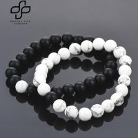 Beauty 2Pcs Distance celet Couple His Hers Black Matte Beads White Howlite