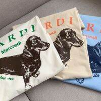 Jimo District Dachshund เสื้อหลวมสำหรับฤดูร้อน Dongdaemun ประเทศเกาหลี ins แขนสั้นไหล่ผู้หญิงผ้าฝ้ายแท้ T เสื้อ ~